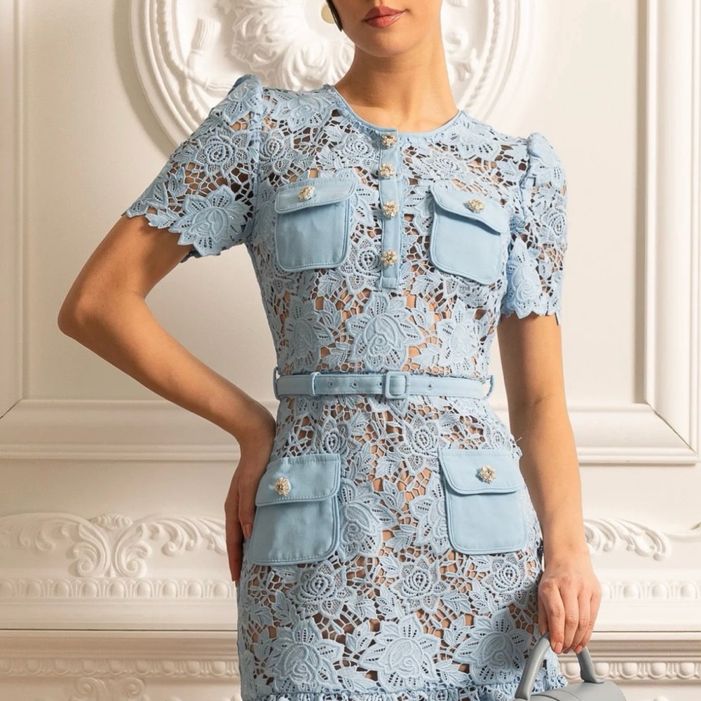 Elegant Light Blue Lace Mini Dress